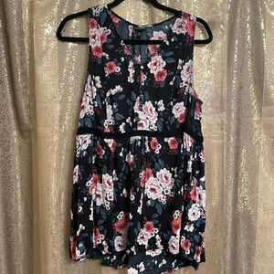 Torrid Black Pink Blue Floral V Neck Button Down Tunic Style Tank, 00 M/L